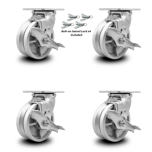 5 Inch V Groove Semi Steel Caster Set with Ball Bearings and Brake/Swivel Lock